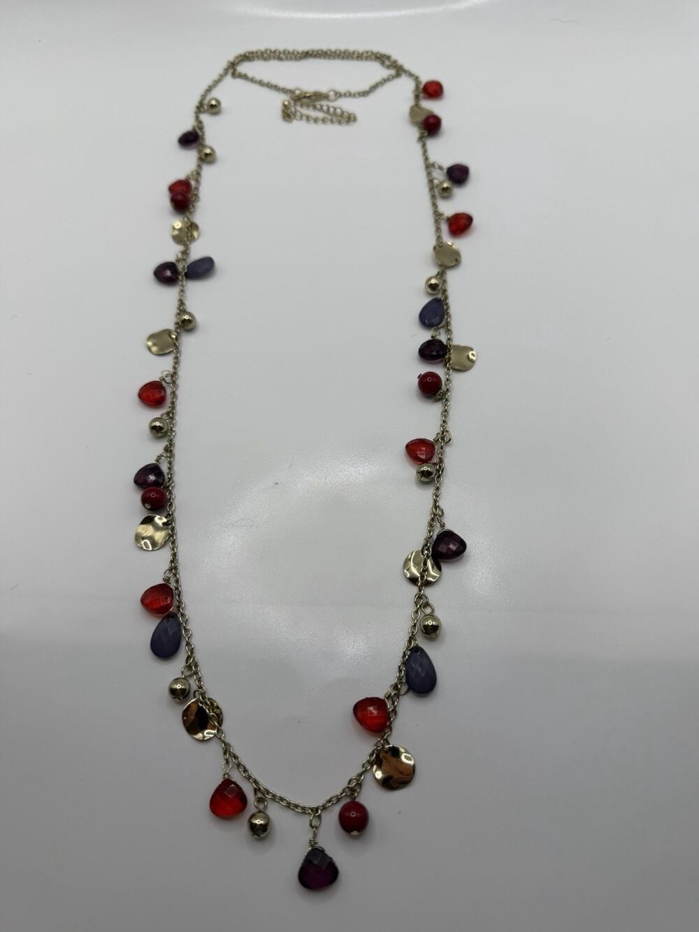 Gold Tone Chain Necklace With Red And Purple Acrylic Beads 34”L